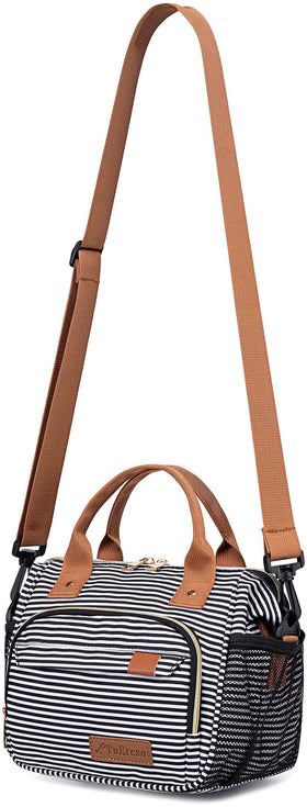 TuErCao small lunch bag stripes front view shows compact, stylish lunch on the go.