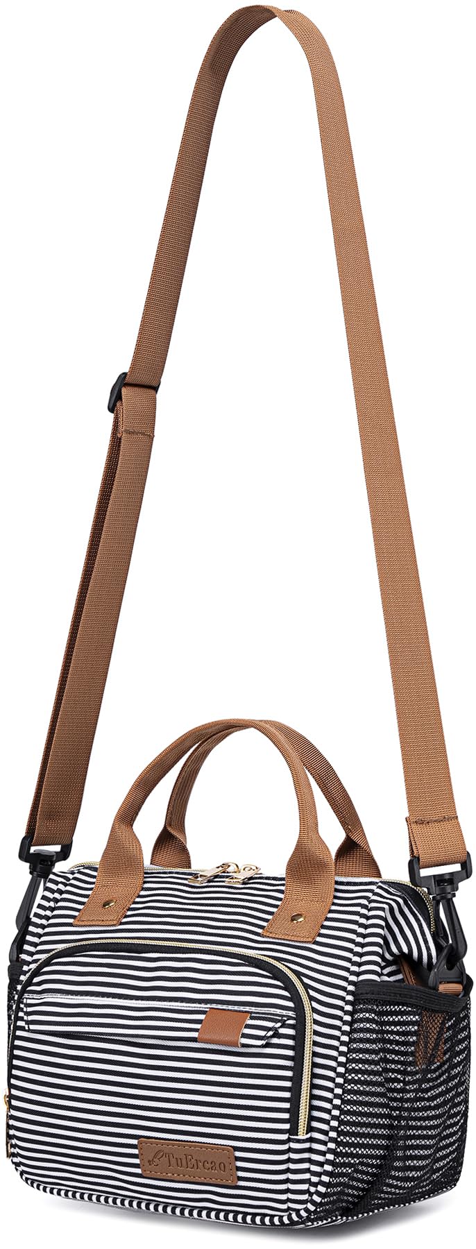 TuErCao small lunch bag stripes front view shows compact, stylish lunch on the go.