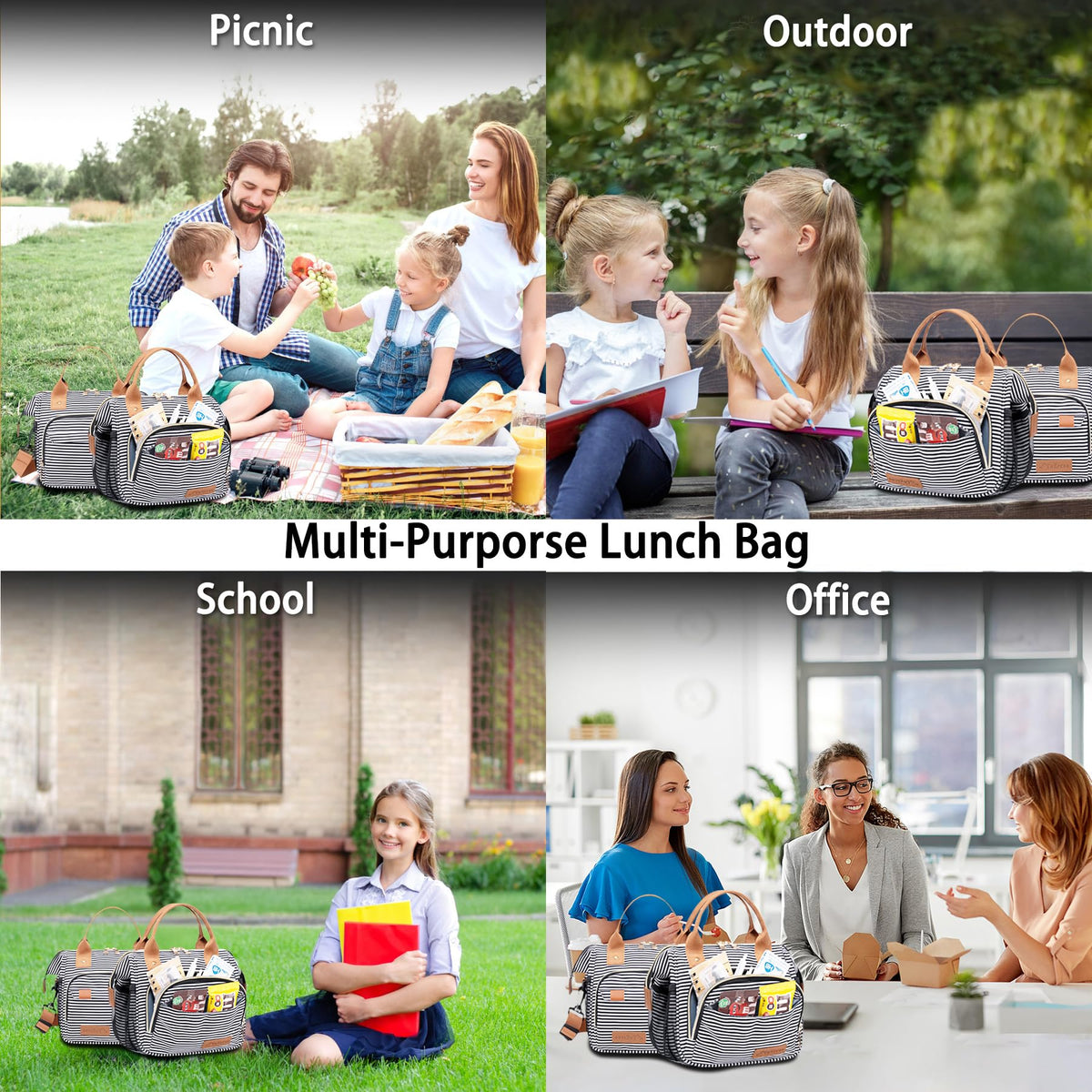 TuErCao lunch bag with handle and strap in a busy work setting.
