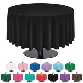 Tujol Black 6-pack 84-inch round tablecloths, pack shot, ready for easy event setup