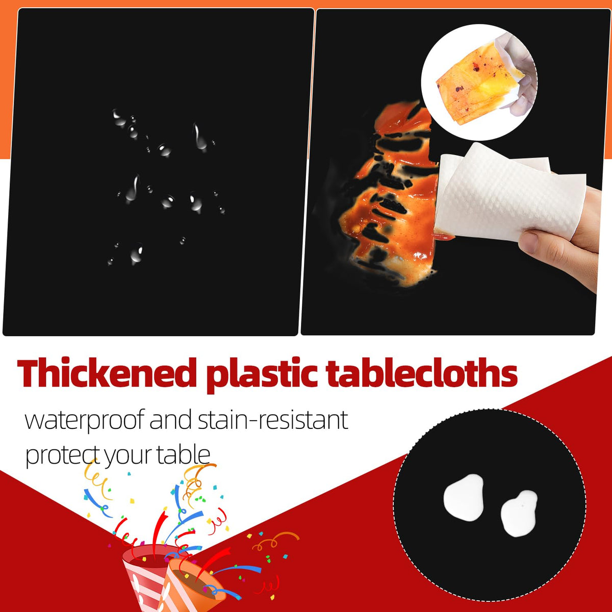 Tujol Black six-pack tablecloth close-up shows waterproof and stain-resistant material