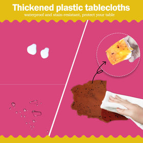 Tujol hot pink 54x108 tablecloth in-pack highlights durability and stain resistance.