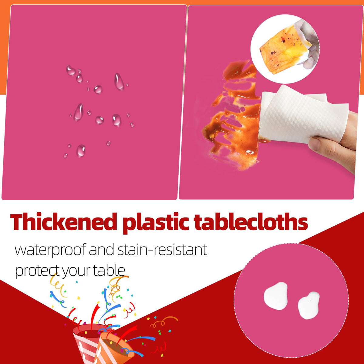 Tujol hot pink six-pack tablecloths simplify setup for gatherings.