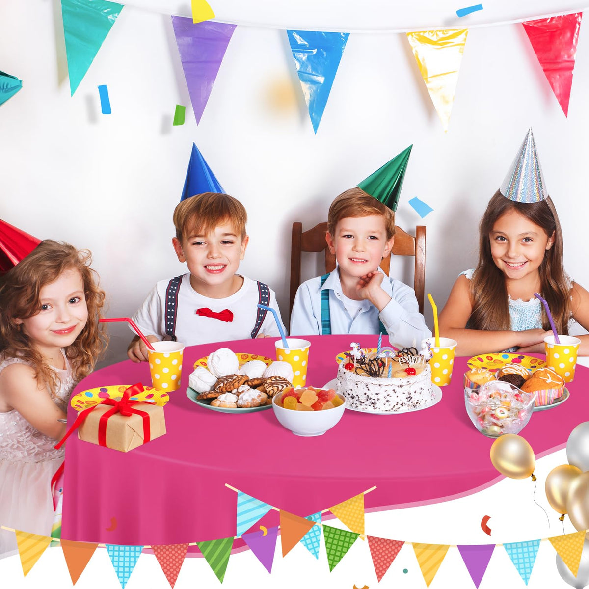 Tujol hot pink round tablecloth complements birthdays and weddings outdoors.