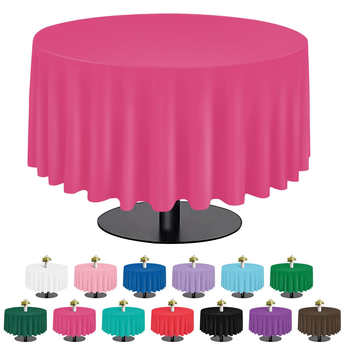 Tujol hot pink round 84-inch tablecloth protects surfaces at parties.