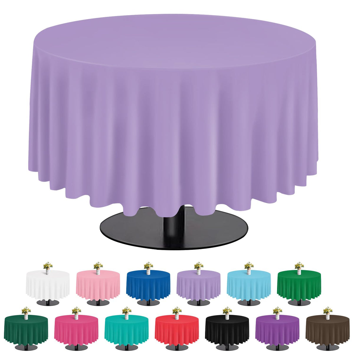 Tujol Lavender 84-inch round tablecloth in six-pack for easy party setup.