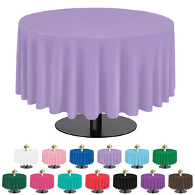 Tujol Lavender 84-inch round tablecloth in six-pack for easy party setup.