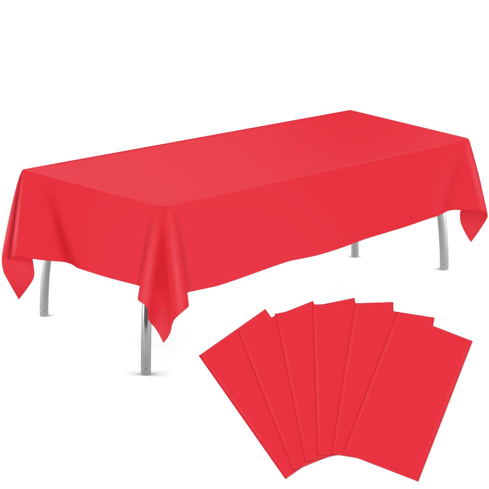 tujol red 6-pack tablecloth on a 54x108 table ready for party use