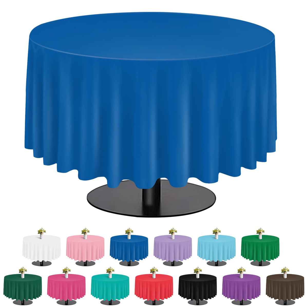Tujol Royal Blue 84-inch round tablecloth protects tables from spills at gatherings.