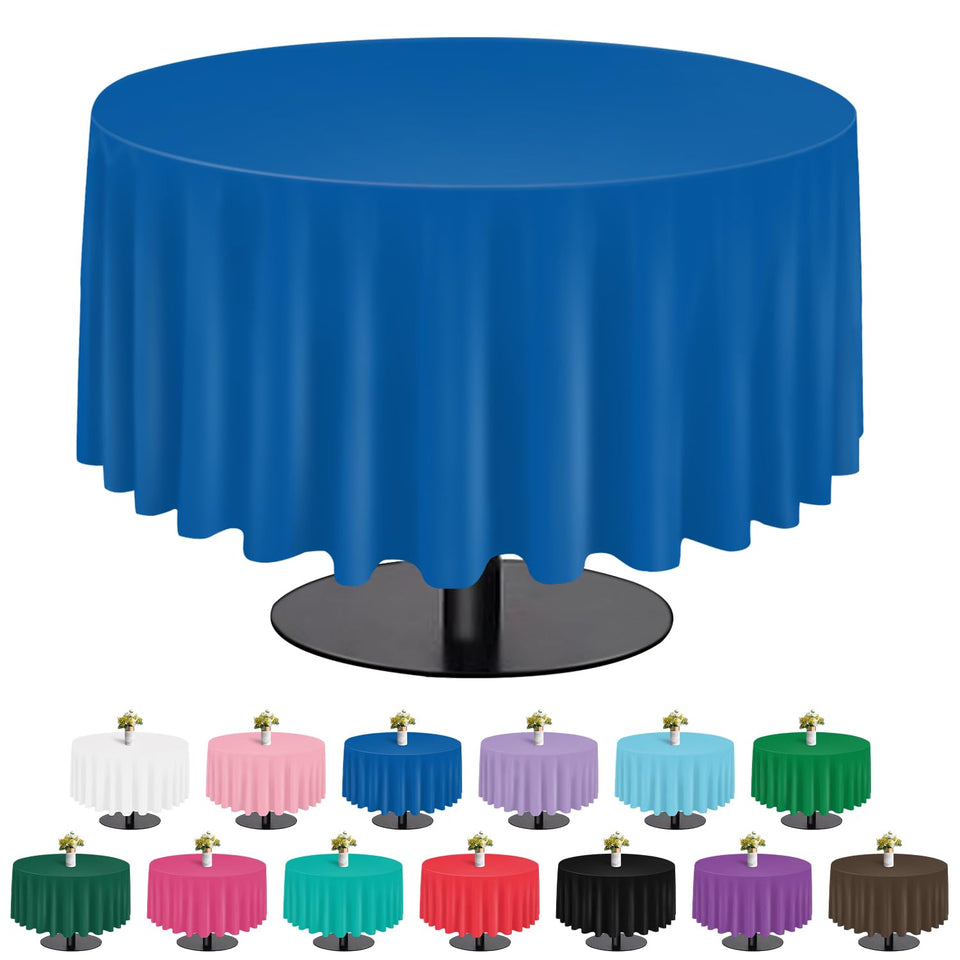 Tujol Royal Blue 84-inch round tablecloth protects tables from spills at gatherings.