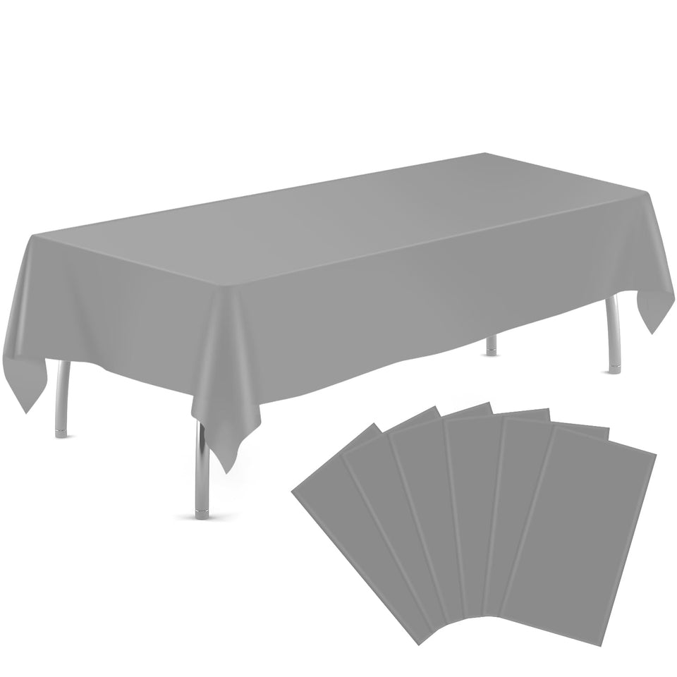 Tujol Silver 6-pack tablecloth covers rectangular tables for a neat party setup.