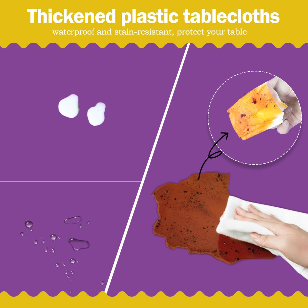 Tujol Purple tablecloth demonstrates waterproof and stain-resistant surface protection.