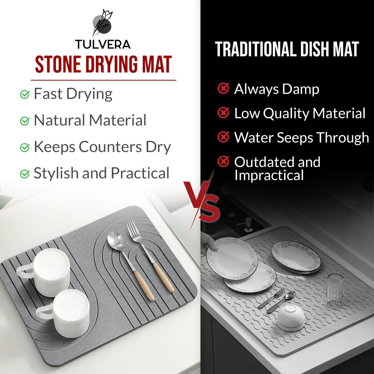 Tulvera stone dish drying mat on counter beside compact dish rack saves space.