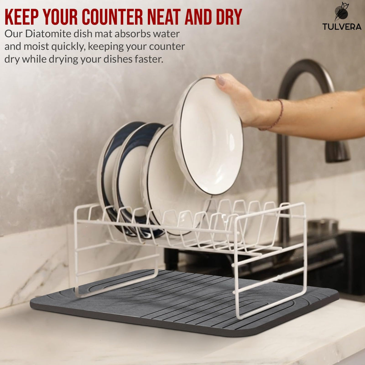 Tulvera stone dish mat includes sanding tool for tougher stains.