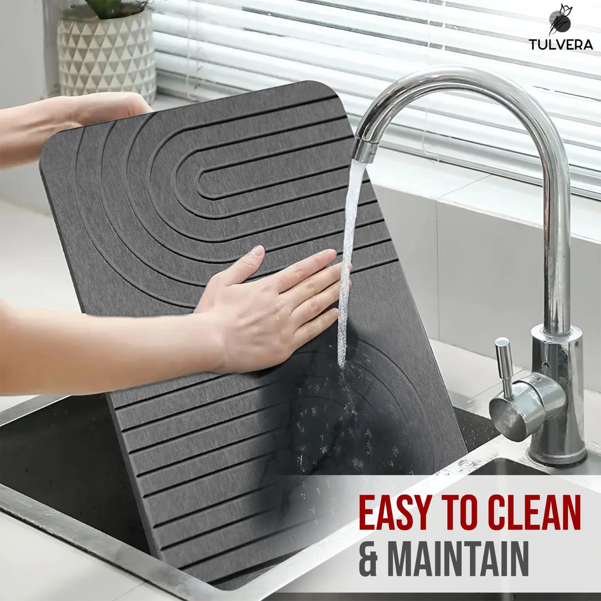 Tulvera minimalist stone dish drying mat in a clean modern kitchen.