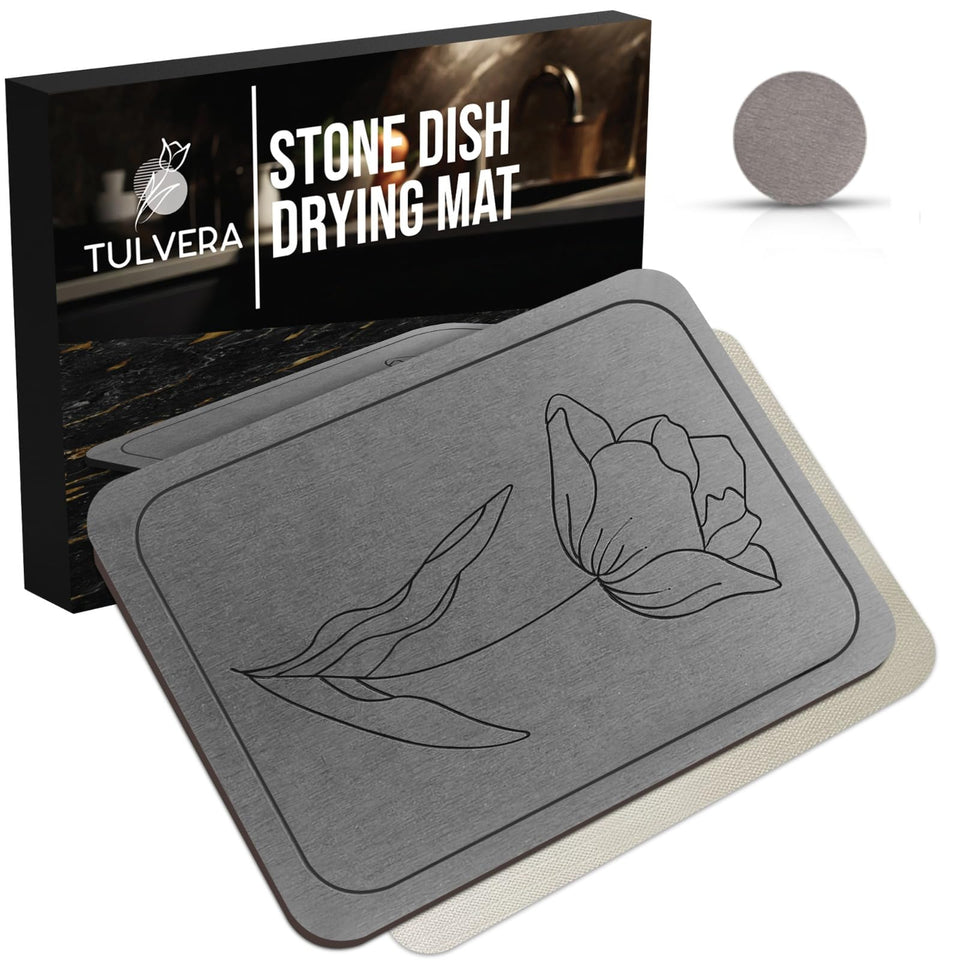 Tulvera stone dish drying mat with a porous surface dries dishes quickly on countertops.