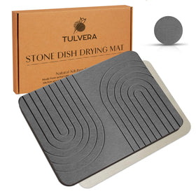 Tulvera stone dish drying mat with wave engraving on counter for quick moisture management.