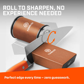 TUMBLER leather strop for refined edge finishing.