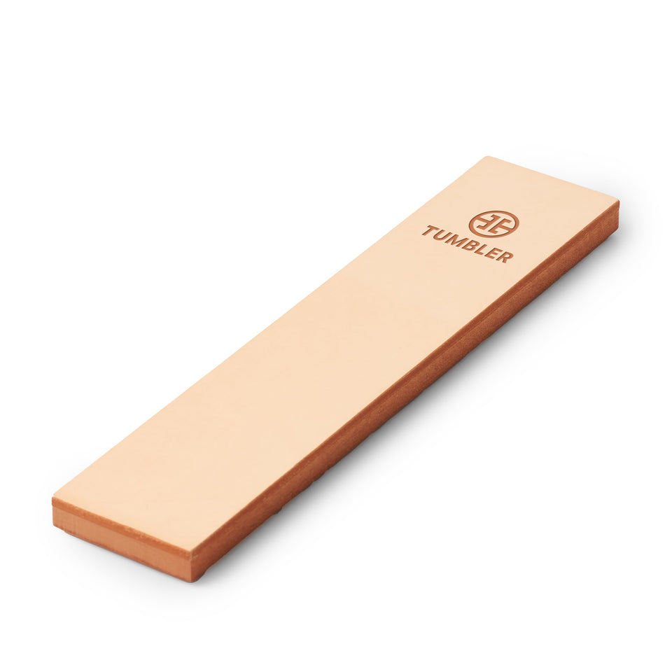 Tumbler Leather Strop polishes the blade to a keen edge for precise kitchen cuts