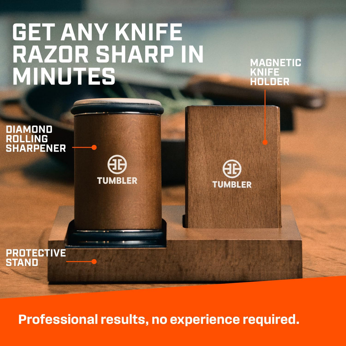 TUMBLER magnetic knife holder keeps blades secure during sharpening.