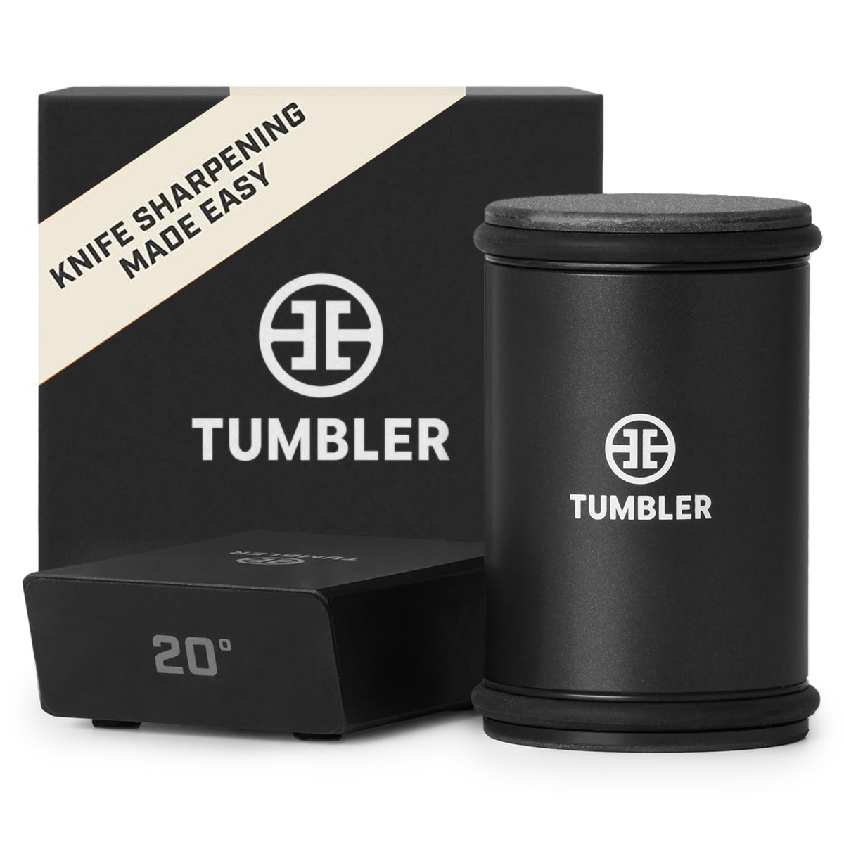 TUMBLER Pro rolling knife sharpener on counter showing precise edge renewal.
