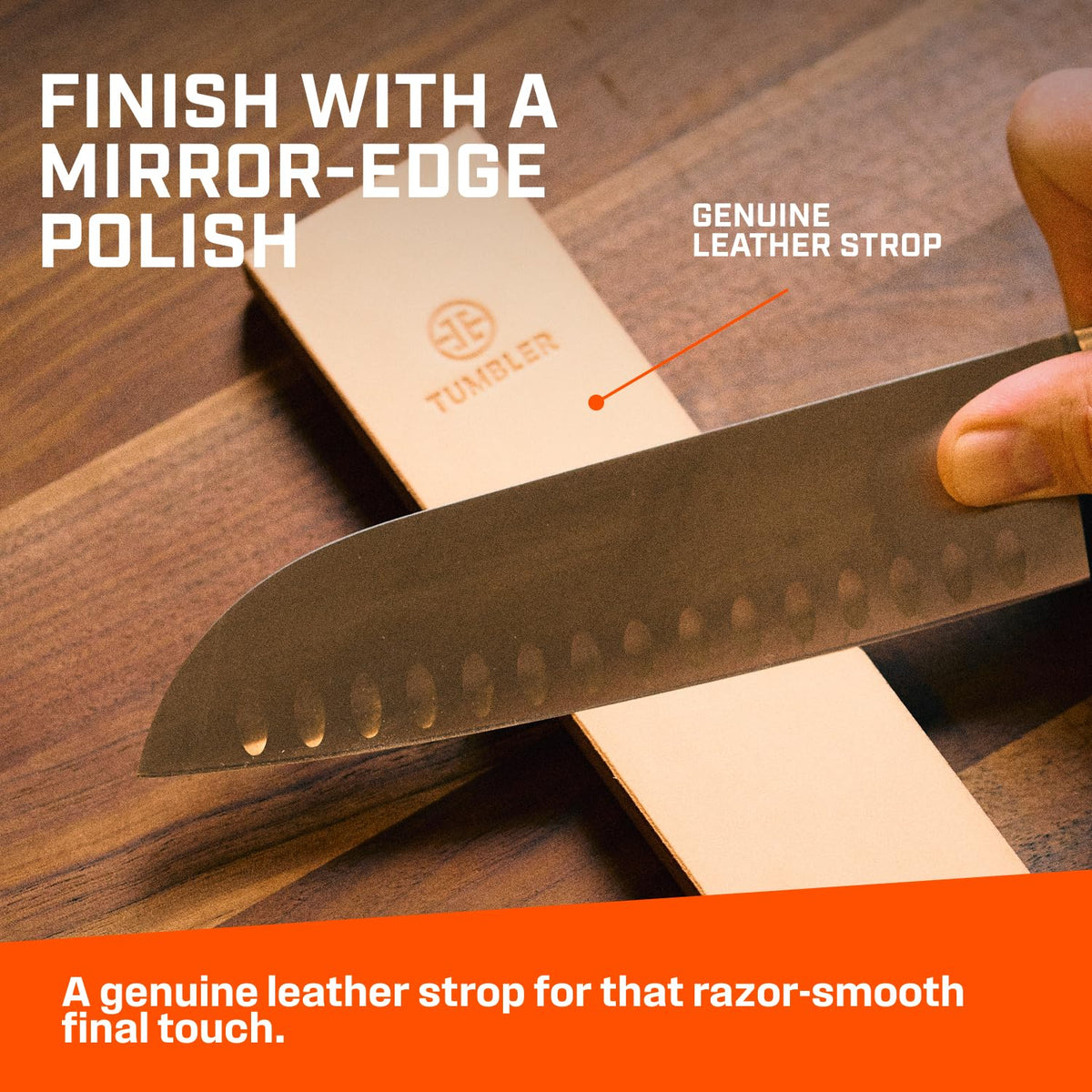TUMBLER protective stand display aids safe, stable sharpening.