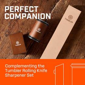Tumbler Leather Strop paired with Rolling Knife Sharpener Kit for a complete sharpening routine