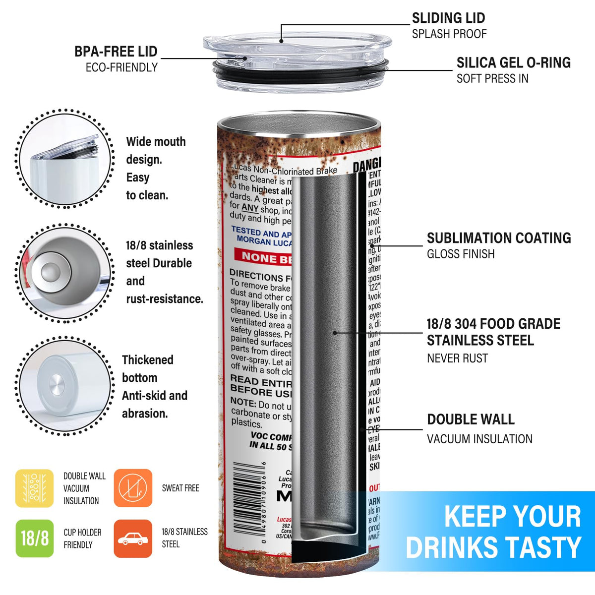 TUMBTU slim-fit tumbler design fits most cup holders in vehicles and desks.