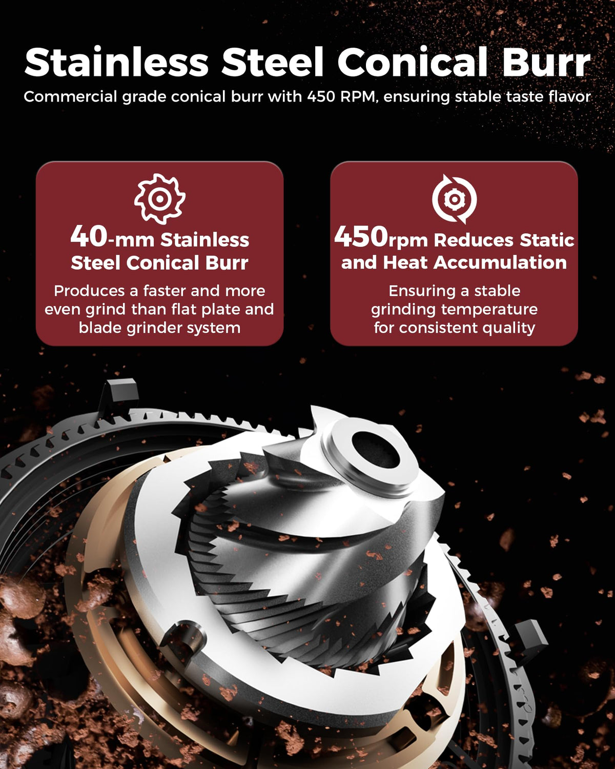 Tuni G1 LED touchscreen control offers quick grind adjustments and clear settings.