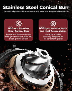 Tuni G1 LED touchscreen control offers quick grind adjustments and clear settings.