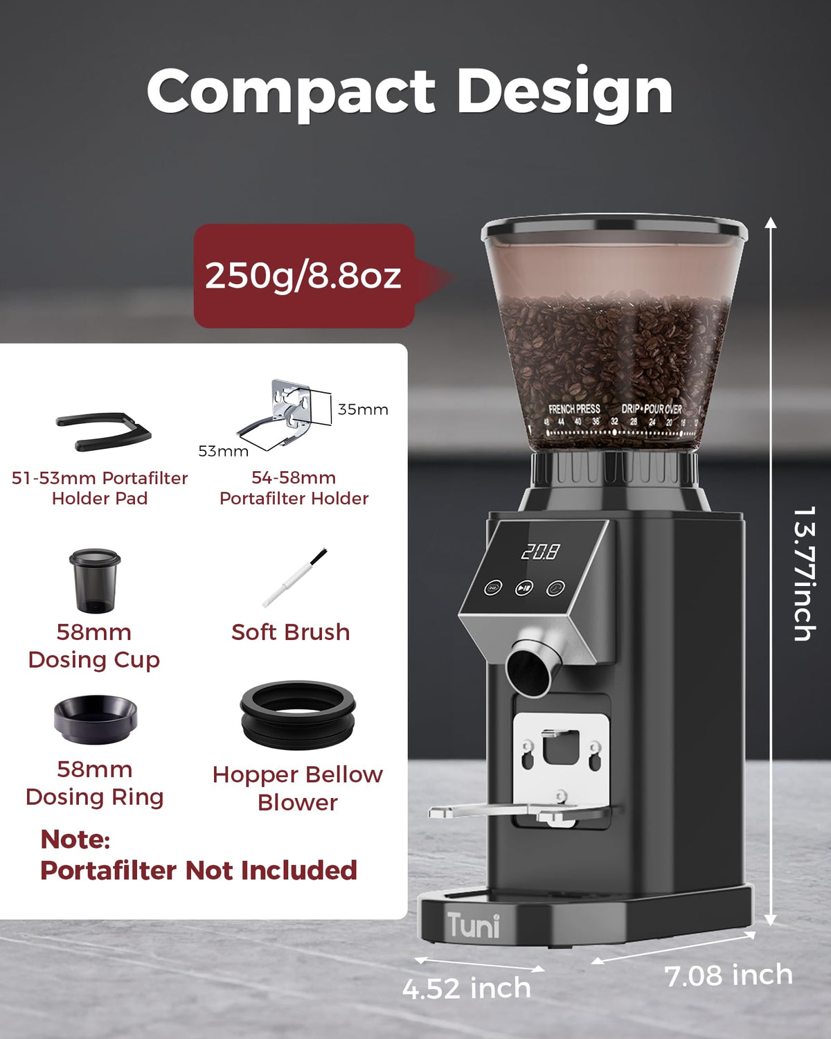 Tuni G1 precision timer helps dial in grind duration for your brew method.