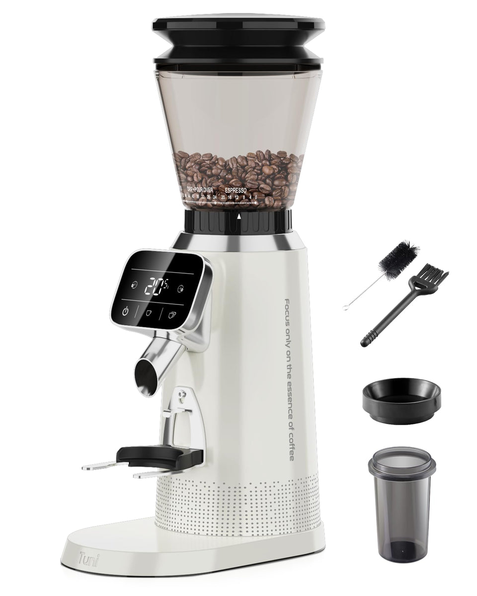 Tuni G2 grinder shows 70 settings for precise espresso grind sizes.