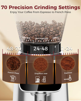 Tuni G2 offers 70 grind settings for tailored brews and consistent results.