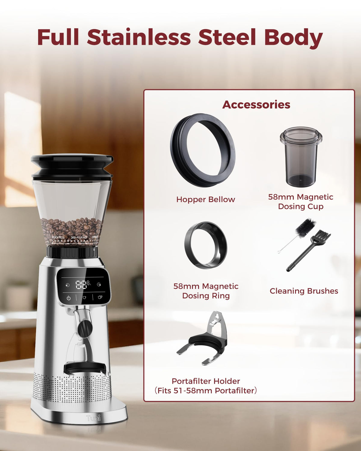 Tuni G2 includes dosing cup and accessories for flexible grinding workflows.