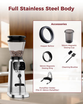Tuni G2 includes dosing cup and accessories for flexible grinding workflows.