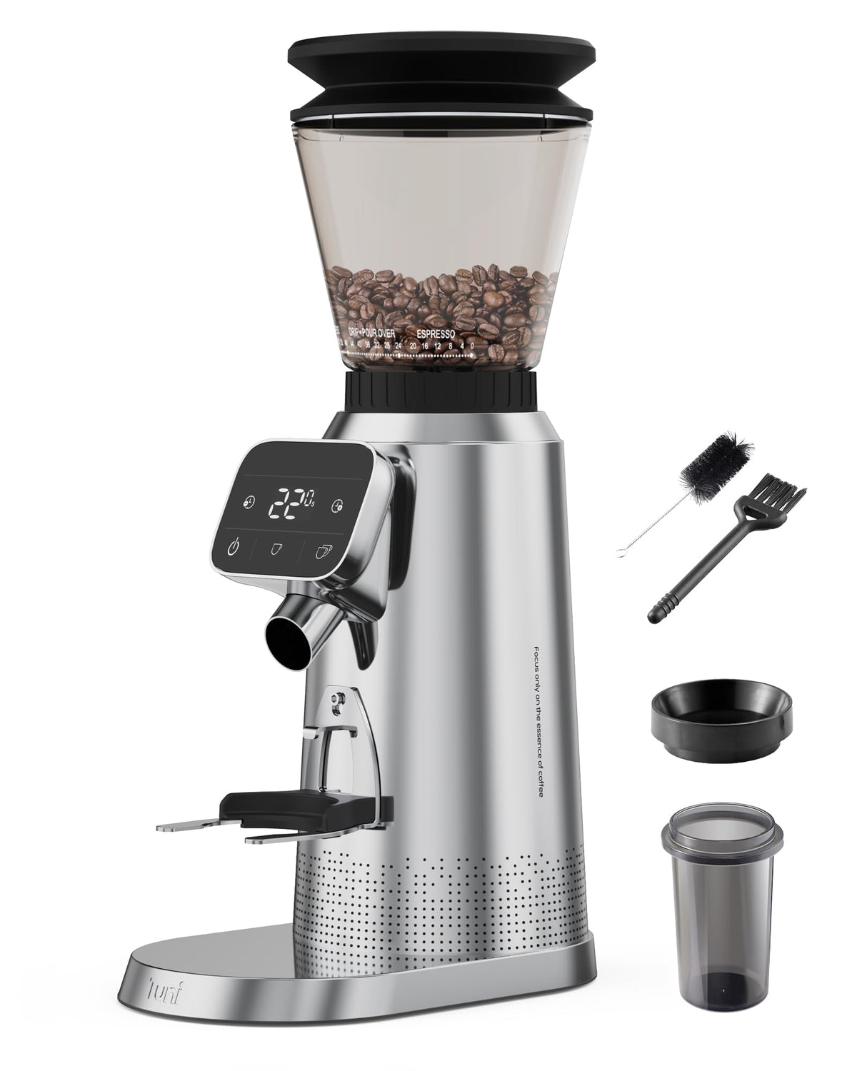 Tuni G2 conical burr grinder showing espresso grind range for precise flavor control.
