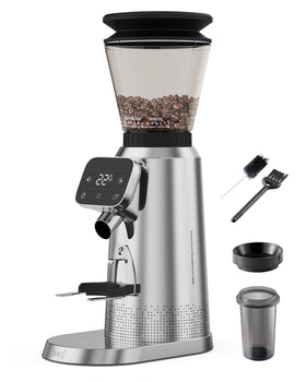 Tuni G2 conical burr grinder showing espresso grind range for precise flavor control.