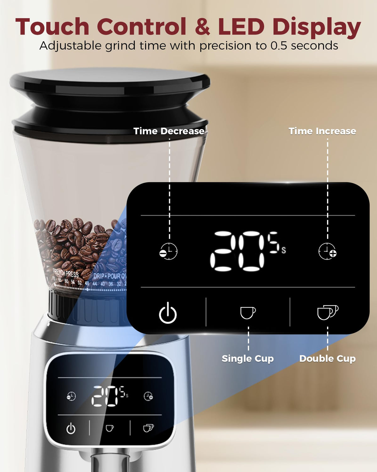 Tuni G2 large hopper and dosing cup reduce refills during busy mornings.
