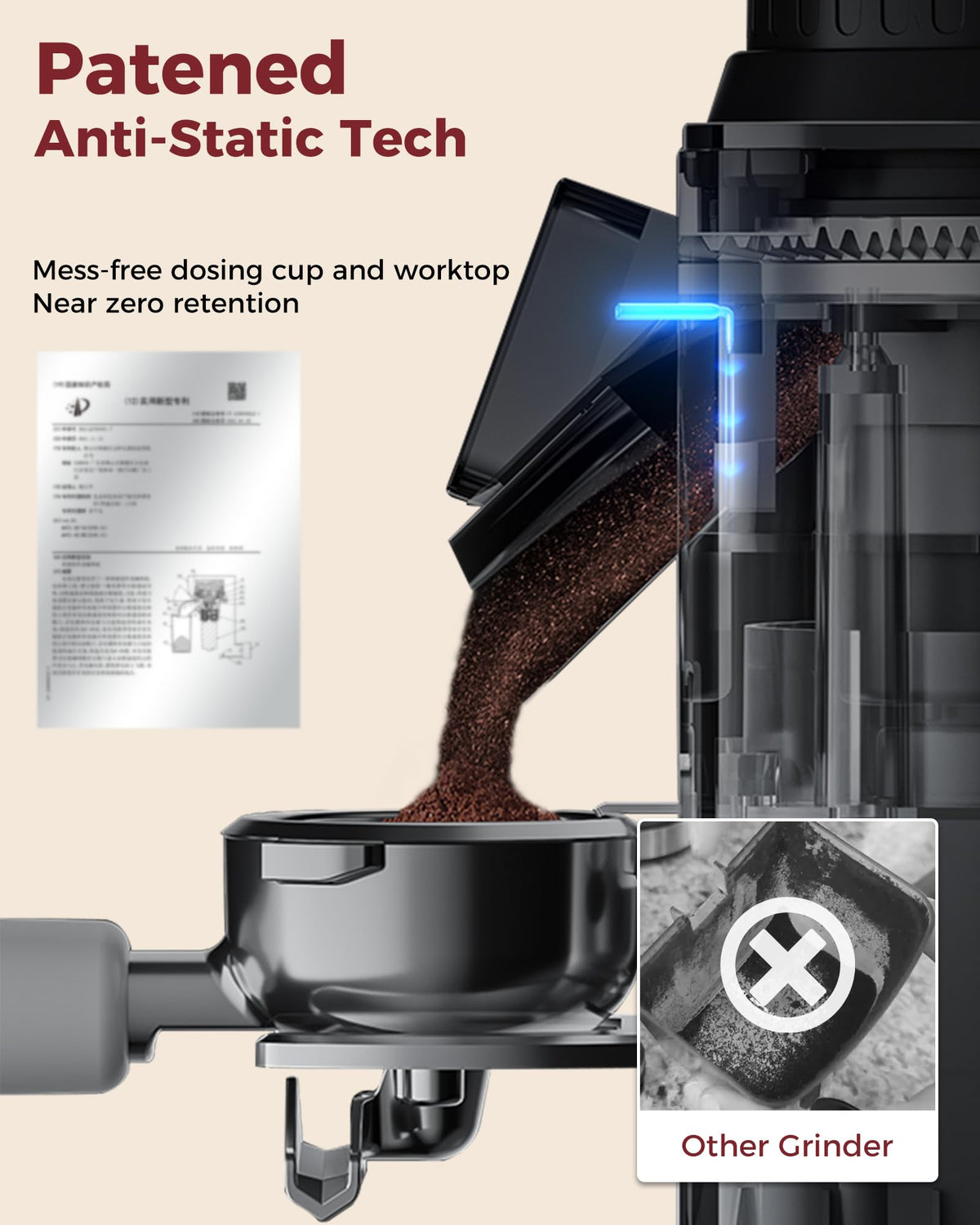 Tuni G2 portafilter holder enables direct grind into 51-58 mm portafilters.