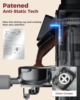 Tuni G2 portafilter holder enables direct grind into 51-58 mm portafilters.