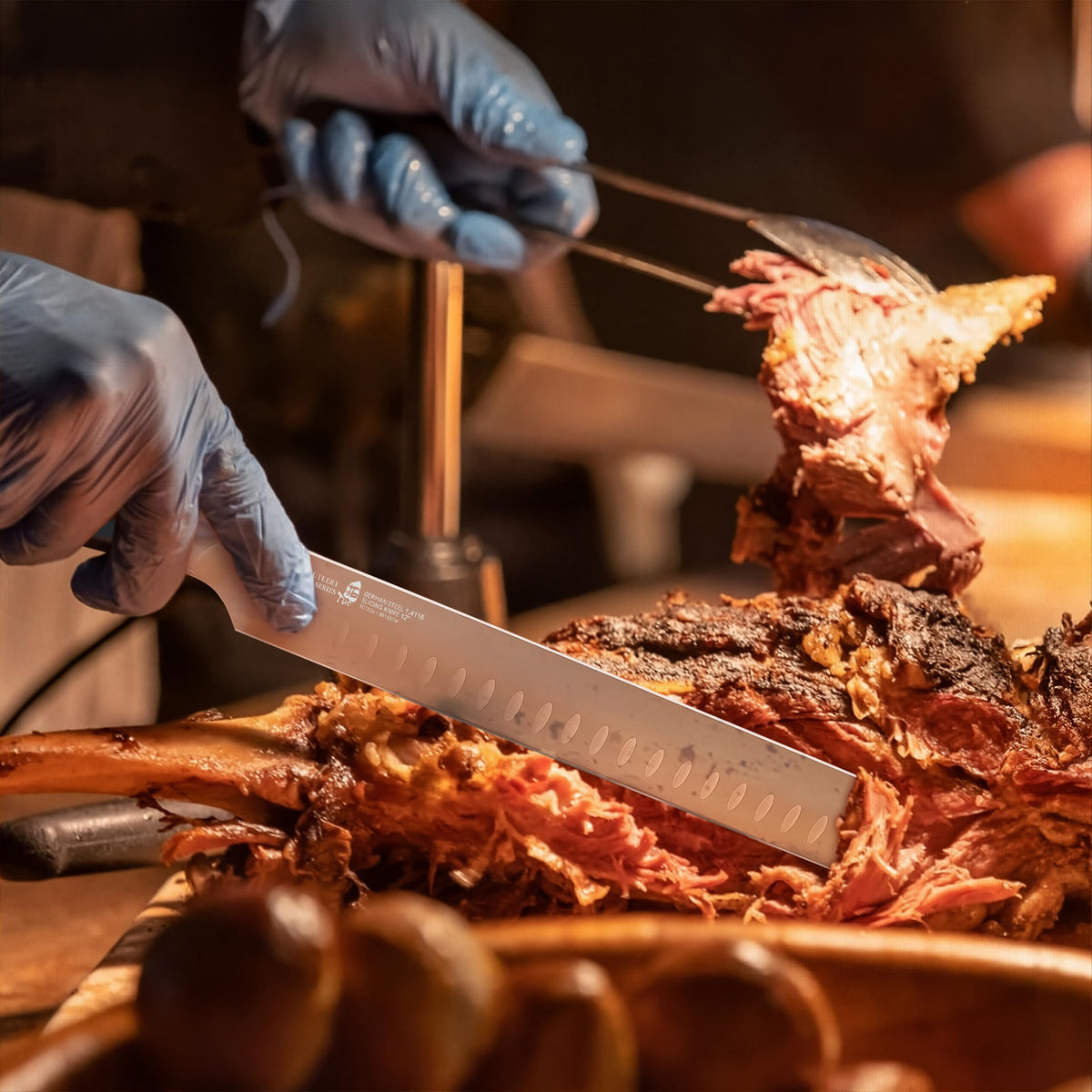 TUO Brisket Knife 12-Inch ergonomic handle for comfortable long slicing sessions.