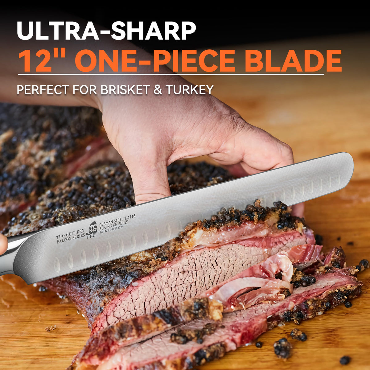 TUO Brisket Knife 12-Inch high-carbon German steel blade resists corrosion.
