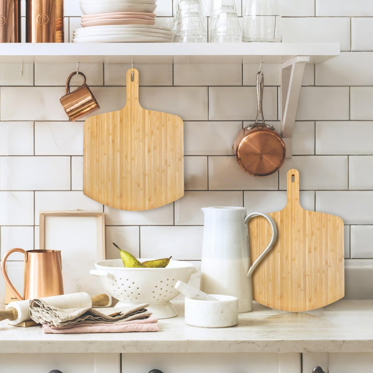 TUOCON two-pack bamboo pizza peels ideal for family baking.