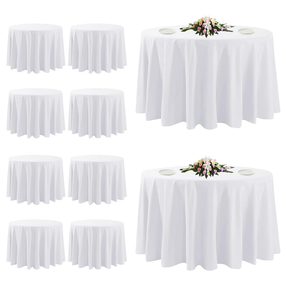 TUOTPE 10-pack white round tablecloth 120-inch in wedding setup, elegant and clean