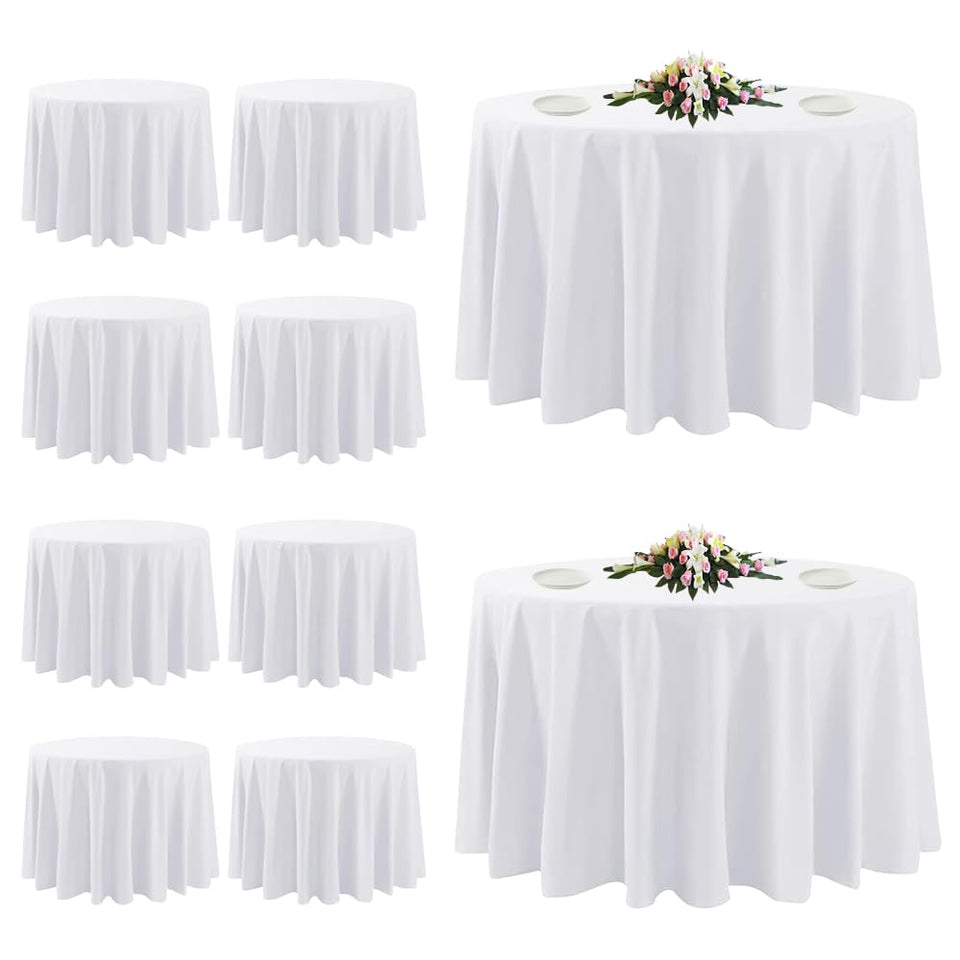 TUOTPE 10-pack white round tablecloth 120-inch in wedding setup, elegant and clean