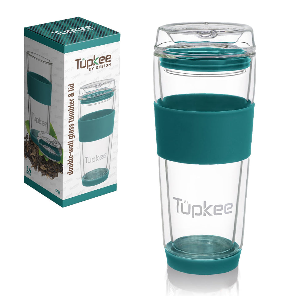 Tupkee double-wall glass tumbler in cyan with insulated grip and lid