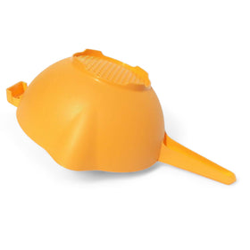 Tupperware orange-handled colander side view shows dual spouts for ambidextrous draining.