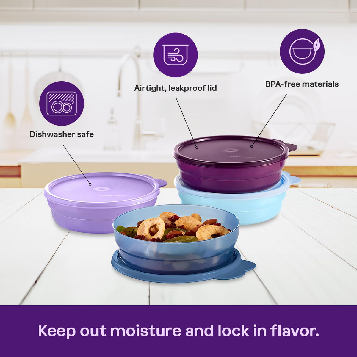 Tupperware double tab lid design shown for easy opening and closing.