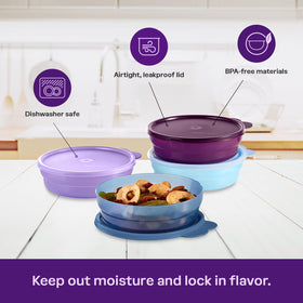 Tupperware double tab lid design shown for easy opening and closing.
