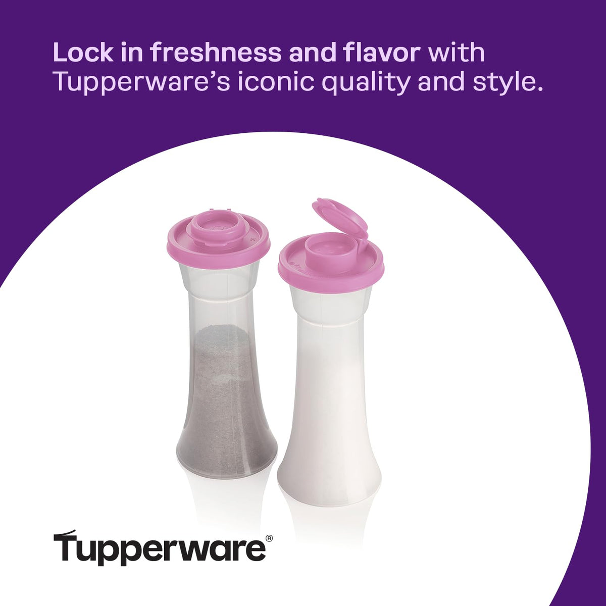 Tupperware shakers feature an ergonomic grip for precise pouring.